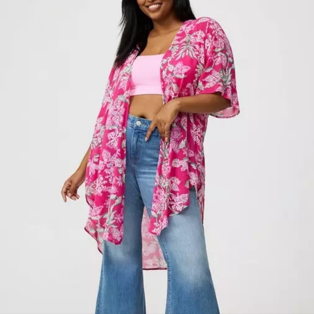 ๐๏ธ๐ 2X BRIGHT PINK FLORAL SHIRTTAIL KIMONO ๐